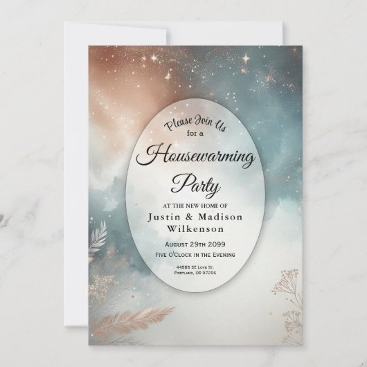 Sage and Terracotta Stardust Skies Housewarming 招待状 (正面)