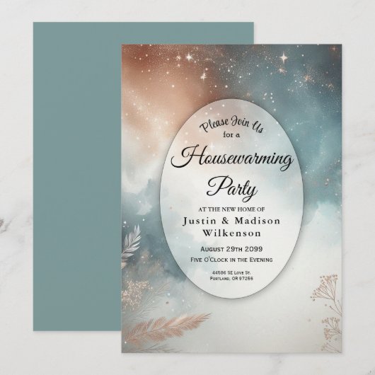 Sage and Terracotta Stardust Skies Housewarming 招待状 (正面/裏面)