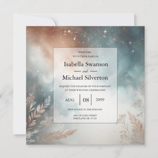 Sage and Terracotta Stardust Skies Wedding 招待状 (正面)
