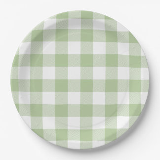 Sage and White Buffalo Plaid Gingham ペーパープレート