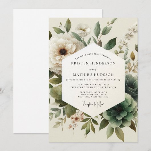 Sage Antique Bloom Wedding 招待状 (正面/裏面)