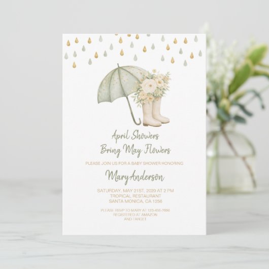 Sage April Showers Bring May Flowers Baby Shower  招待状 (スタンド正面)
