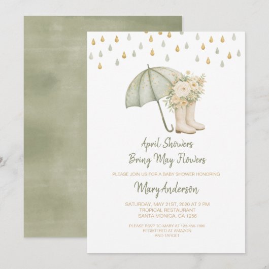 Sage April Showers Bring May Flowers Baby Shower  招待状 (正面/裏面)