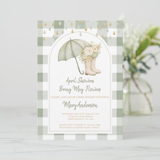 Sage April Showers Green Gingham Baby Shower  招待状 (スタンド正面)