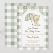 Sage April Showers Green Gingham Baby Shower  招待状 (正面/裏面)