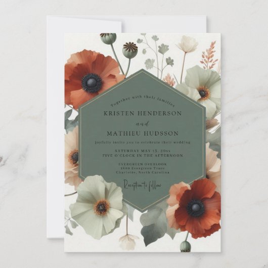 Sage Artistic Poppy Wedding 招待状 (正面)