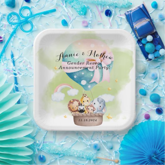 Sage Baby Animals Safariでの性別の表示 ペーパープレート (パーティー)