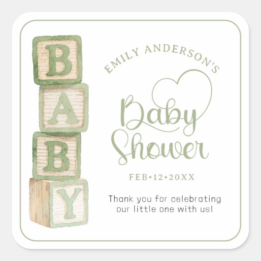 Sage Baby Blocks Baby Shower Favor Sticker スクエアシール (正面)