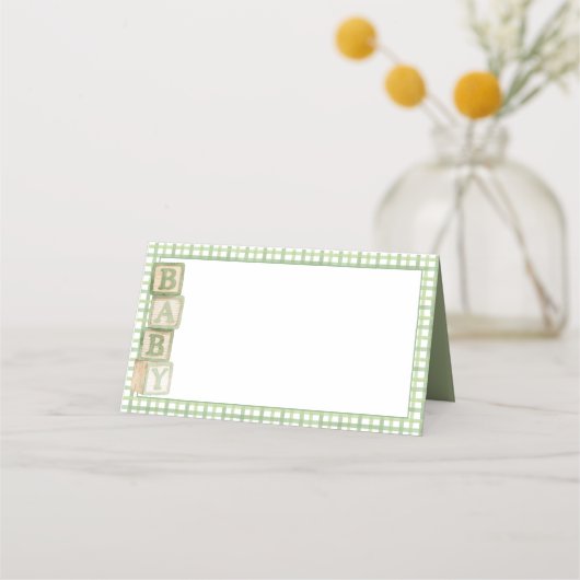 Sage Baby Blocks Blank Food & Favor Tent Cards プレイスカード (正面)