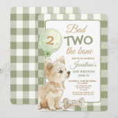 Sage Bad Two the Bone 子犬の誕生日パーティー ギンガムチェック 招待状 (正面/裏面)