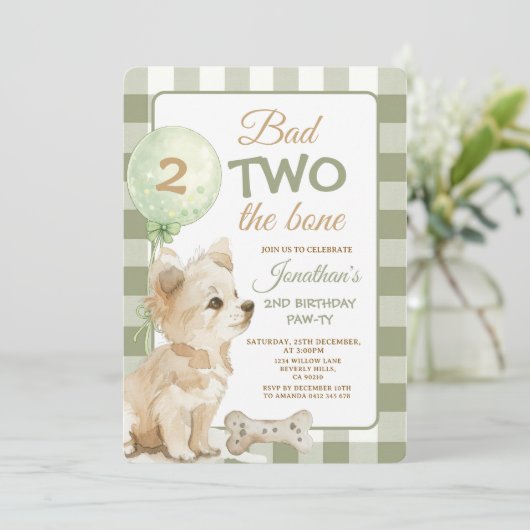 Sage Bad Two the Bone 子犬の誕生日パーティー ギンガムチェック 招待状 (スタンド正面)