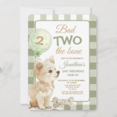 Sage Bad Two the Bone 子犬の誕生日パーティー ギンガムチェック 招待状 (正面)