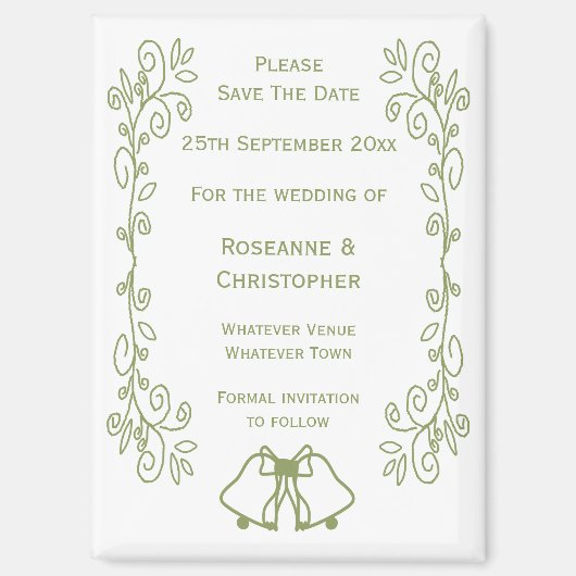 Sage Bells Scrollwork Wedding日付を保存 マグネット (正面)