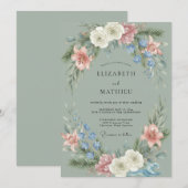 Sage Blossom Arch Flourish Wedding 招待状 (正面/裏面)