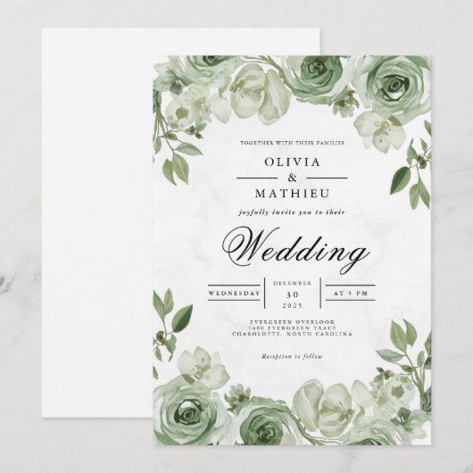 Sage Blossom Arch Wedding 招待状 (正面/裏面)