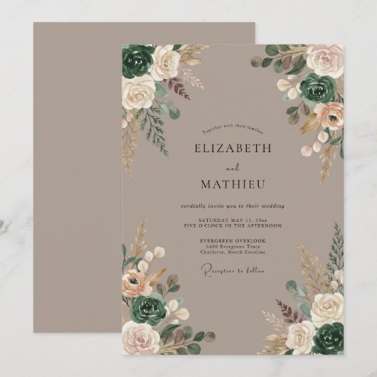 Sage Blossom Rustic Romance Wedding 招待状 (正面/裏面)
