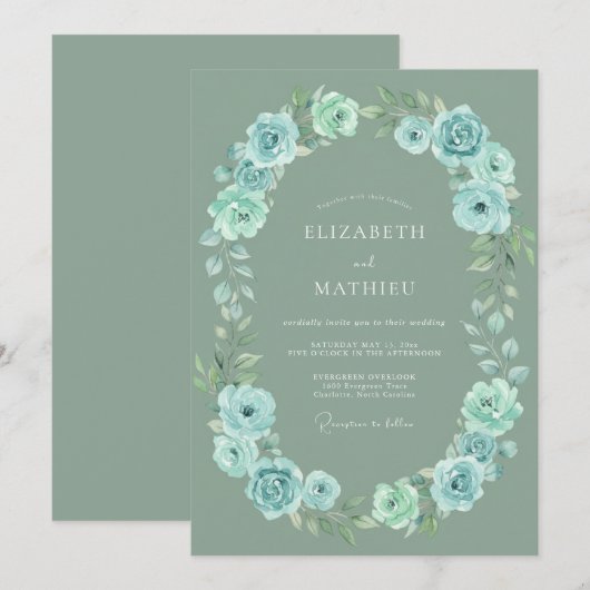 Sage Blue Botanical Whimsical Wedding 招待状 (正面/裏面)
