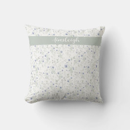 Sage Blue Watercolor Wildflower Monogram Name クッション