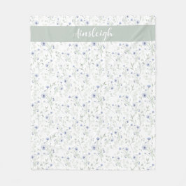 Sage Blue Watercolor Wildflower Monogram Name フリースブランケット
