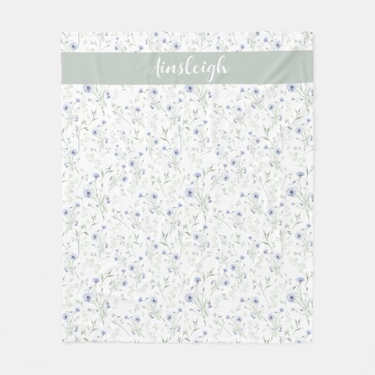 Sage Blue Watercolor Wildflower Monogram Name フリースブランケット (正面)