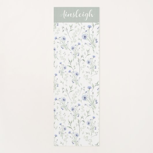 Sage Blue Watercolor Wildflower Monogram Name ヨガマット (正面)