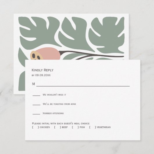 Sage & Blush Abstract Floral Wedding Invitation,  出欠カード (正面/裏面)