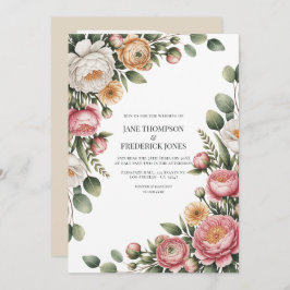 Sage, Blush and Light Tan Floral Wedding QR Code 招待状