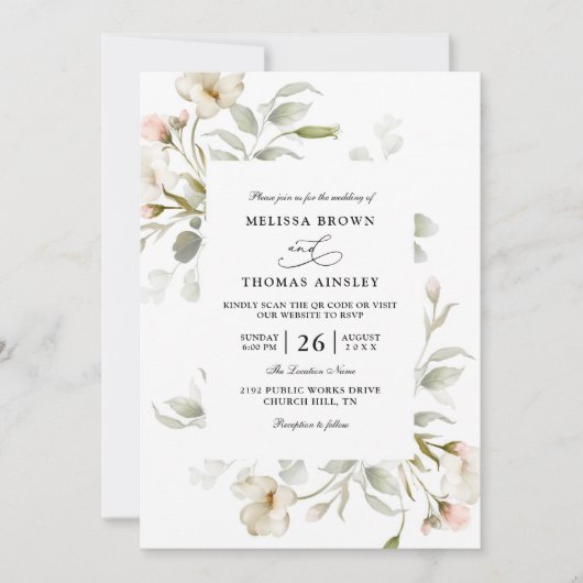 Sage Blush Elegant Floral Budget QR Code Wedding 招待状 (正面)