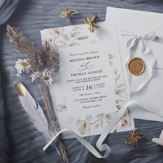 Sage Blush Elegant Floral Budget QR Code Wedding 招待状