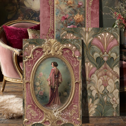 Sage Blush Flapper Art Nouveau 3 Panel Set ラッピングペーパーシート