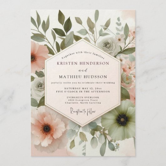 Sage Blush Watercolor Flora Wedding 招待状 (正面)