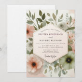 Sage Blush Watercolor Flora Wedding 招待状 (正面/裏面)