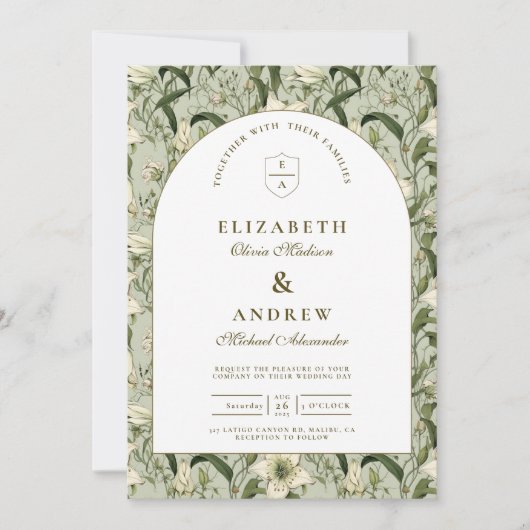 Sage Botanical Arch Elegant Wedding 招待状 (正面)