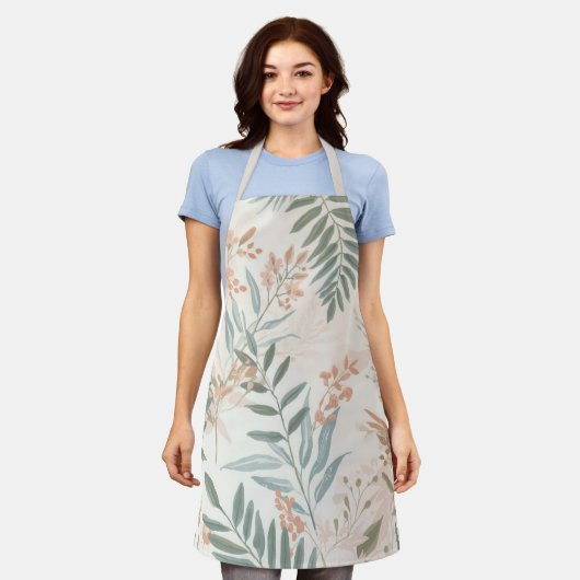 Sage Botanical Blush Leaf Watercolor Pattern エプロン (着用した状態)