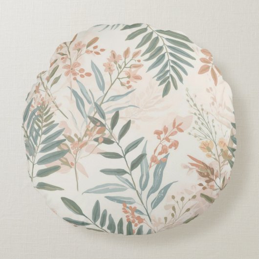 Sage Botanical Blush Leaf Watercolor Pattern ラウンドクッション (正面)