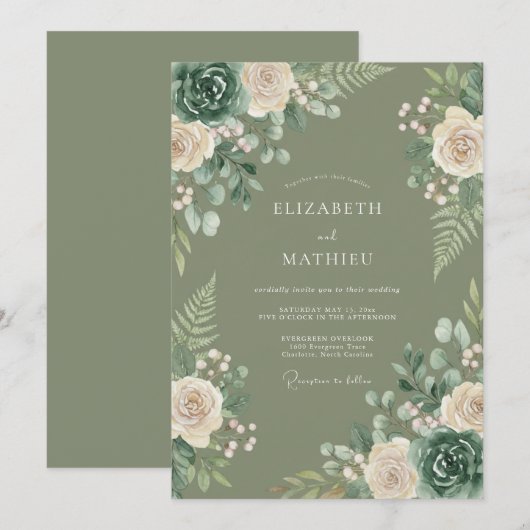 Sage Botanical Romance Wedding 招待状 (正面/裏面)