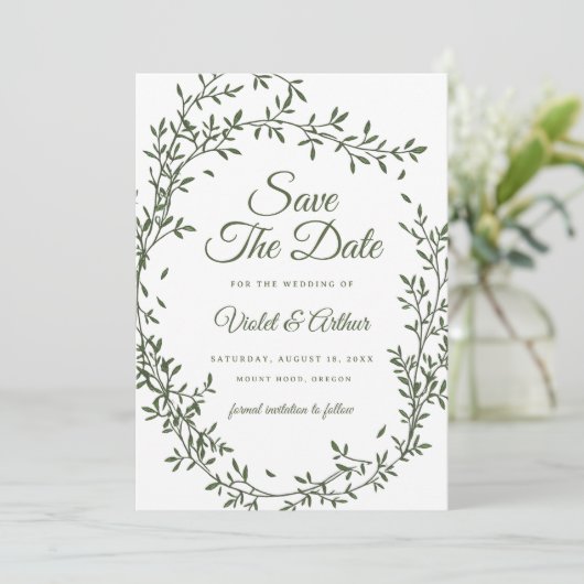 Sage Botanical Wreath Wedding Save The Date  招待状 (スタンド正面)