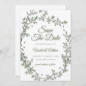 Sage Botanical Wreath Wedding Save The Date  招待状 (正面/裏面)