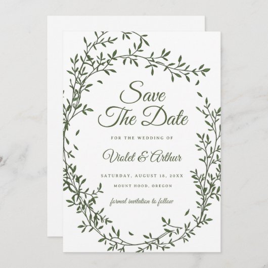 Sage Botanical Wreath Wedding Save The Date  招待状 (正面/裏面)