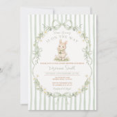 Sage Bow Stripe Green Bunny Baby Shower Invitation 招待状 (正面)