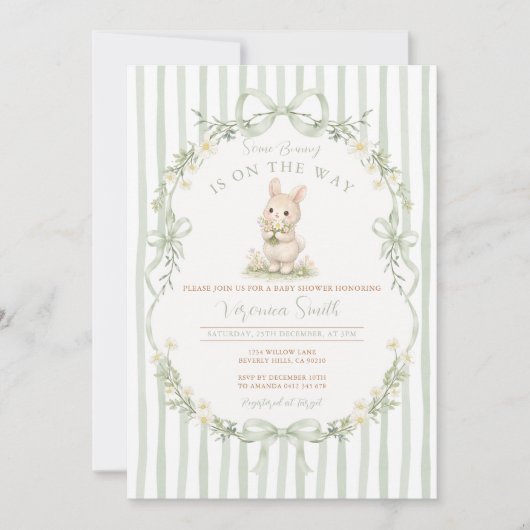 Sage Bow Stripe Green Bunny Baby Shower Invitation 招待状 (正面)