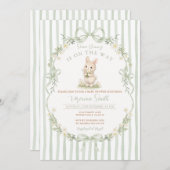 Sage Bow Stripe Green Bunny Baby Shower Invitation 招待状 (正面/裏面)