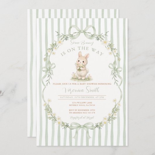 Sage Bow Stripe Green Bunny Baby Shower Invitation 招待状 (正面/裏面)