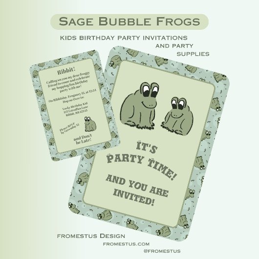 Sage Bubble Frogs - fun kids birthday party. 招待状