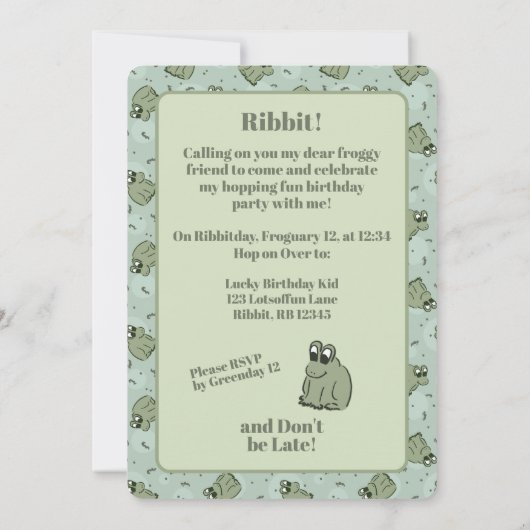 Sage Bubble Frogs - fun kids birthday party. 招待状 (裏面)