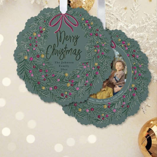 Sage Burgundy Merry Christmas Ornament with Photo オーナメントカード
