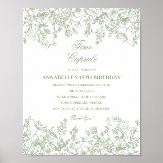 Sage Chinoiserie Floral Time Capsule Baby Birthday ポスター (正面)