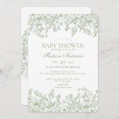 Sage Chinoiserie Vintage Floral Baby Shower 招待状 (正面/裏面)
