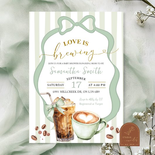 Sage Coquette Stripes baby is brewing baby Shower 招待状