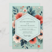 Sage Coral Artful Bloom Wedding 招待状 (正面/裏面)